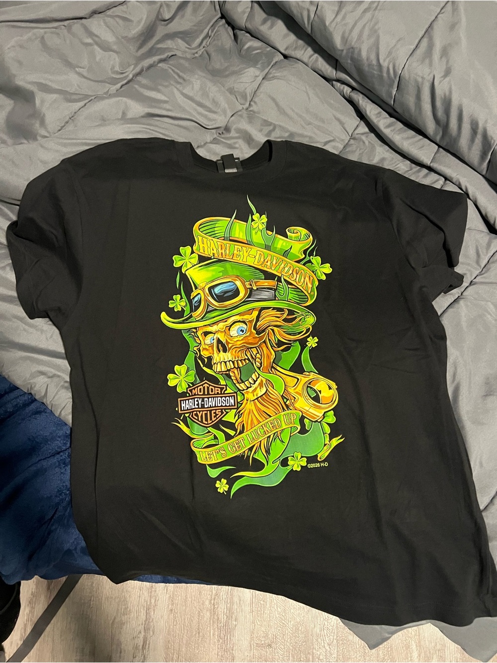 Harley-Davidson Black T-Shirt with Neon Green and Yellow Skull Graphic